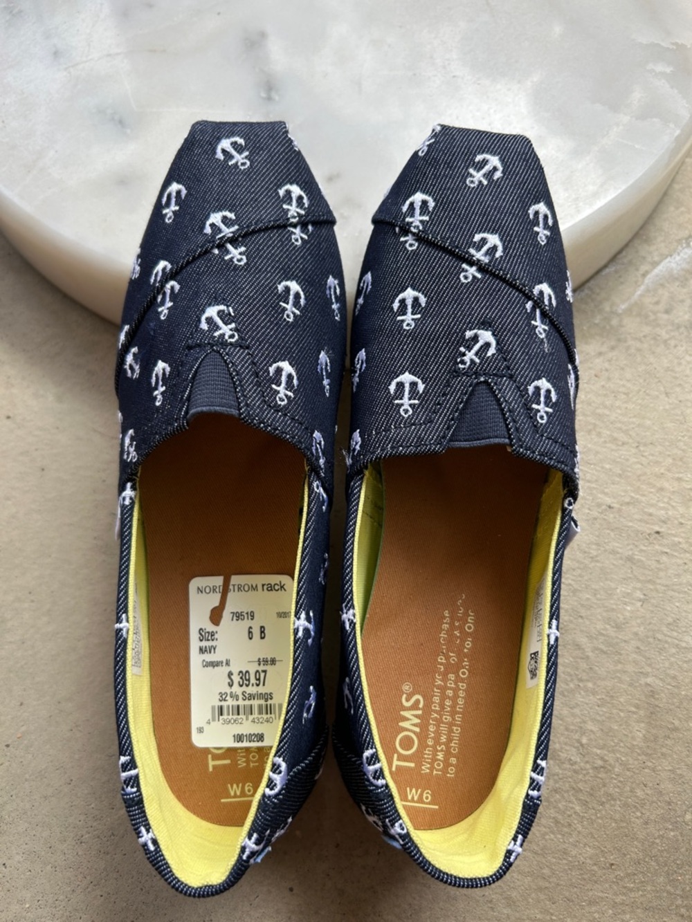 TOMS Navy Canvas Slip-Ons with White Anchor Print